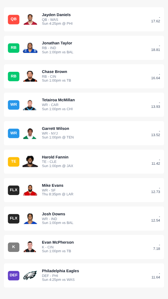Yasmine's real 2026 fantasy football draft, team 1